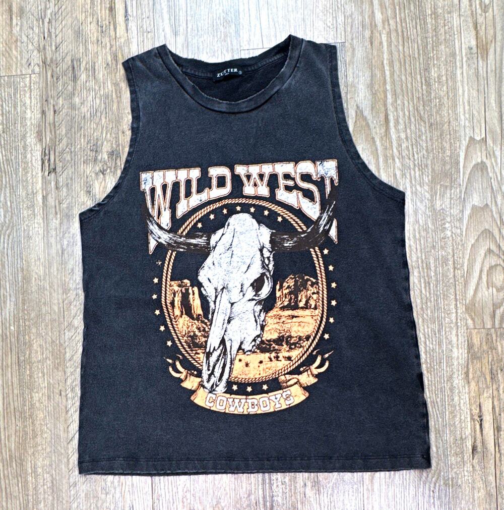 Zutter Wild West Cowboys Graphic Tank Top Black Sleeveless Crew Neck Sz S K2007